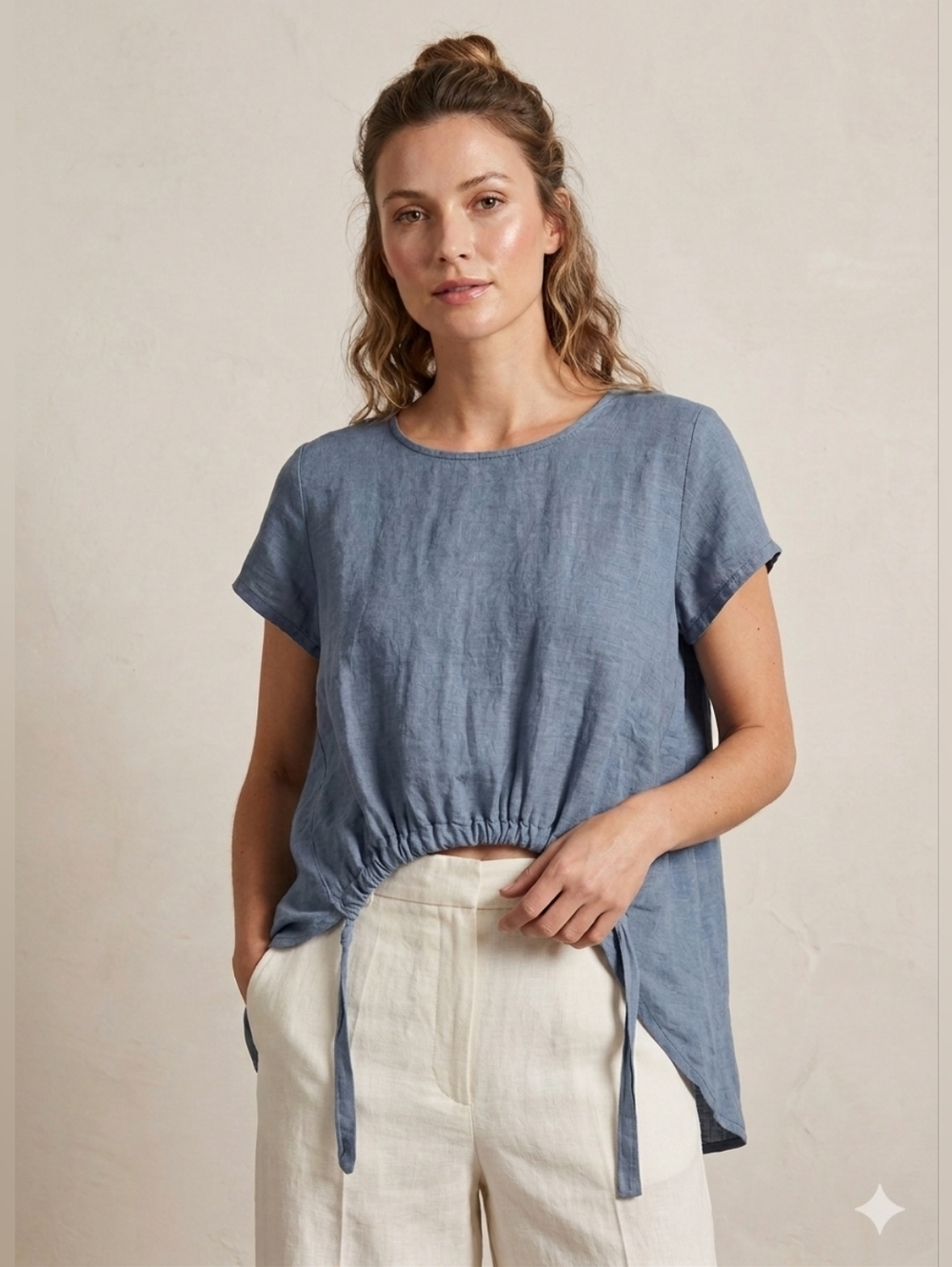 Vanessa Zani Italian Blue Linen Relaxed Fit Short Sleeve Top